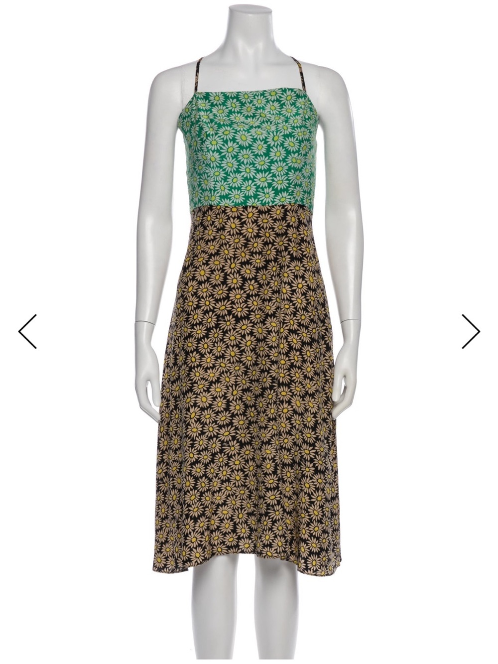 HVN 100% silk Nora Green and Black Daisy Spaghetti-Strap Midi Dress